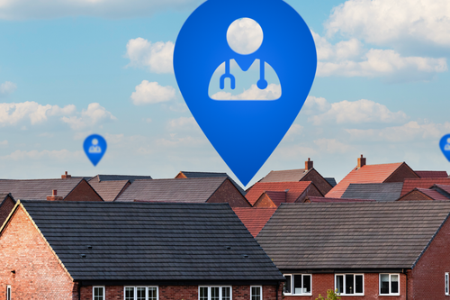 GP surgery icons floating above houses